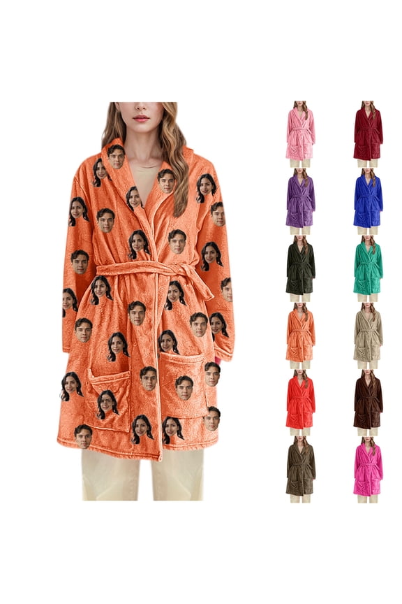 Custom Robes for Women Personalized Robes with Photo Face Customized Bathrobes for Couples Family Home Wear Flannel Hooded Orange M