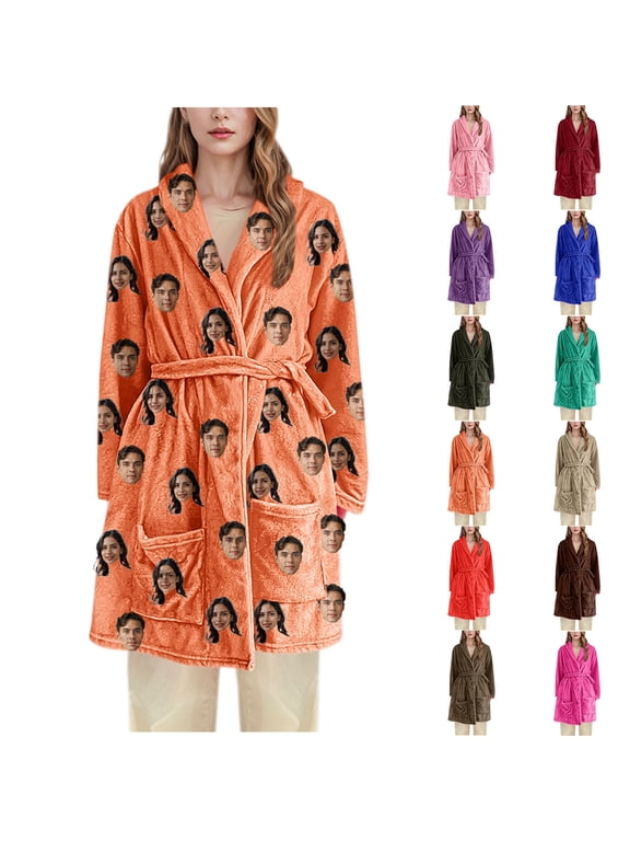 Custom Robes for Women Personalized Robes with Photo Face Customized Bathrobes for Couples Family Home Wear Flannel Hooded Orange M