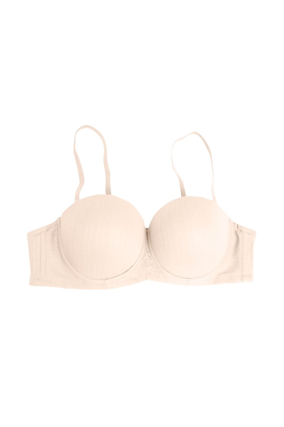Detachable Thin Strap Ribbed Strapless Underwire Half Cup Push Up Invisible Everyday Dress Bra Beige S