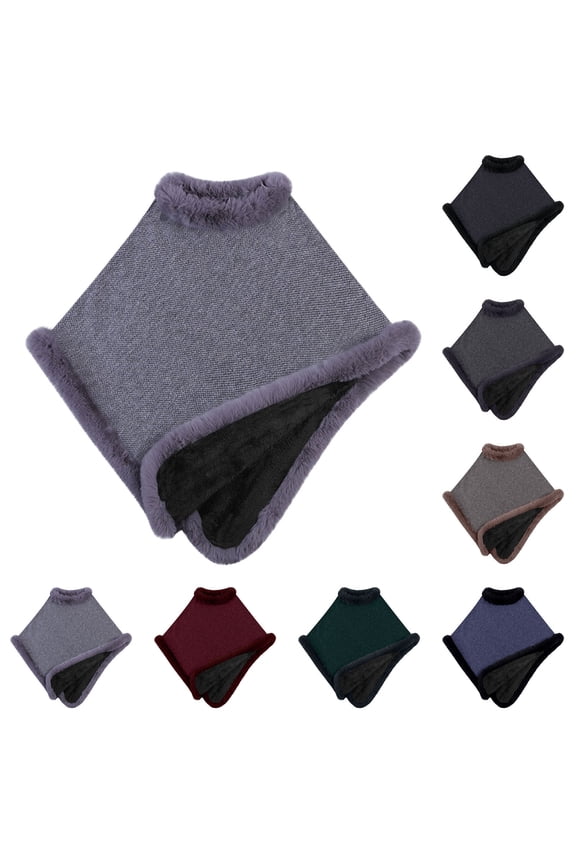 Elegant Faux Fur Trim Cape Coat for Women Luxury Batwing Poncho Cloak Warm Winter Knitted Pull On Fuzzy Shawl Green