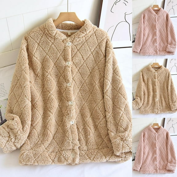 MGDXOX Flannel Plush Pajamas Tops for Women Comfy Fluffy Fleece Button Down Outerwear Winter Cozy Warm Soft Lounge Sleepwear Pink XL