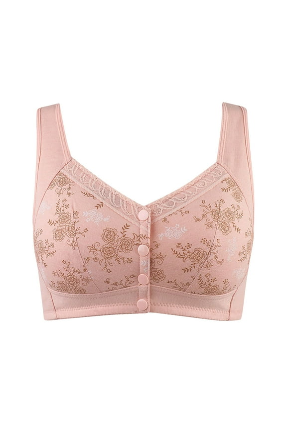 Floral Print Bra for Older Women Front Closure Convenient Everyday Bras Mid Buttons Comfortable No Underwire Gathering Bras Pink XXL