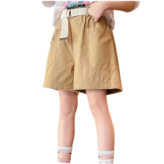 MGDXOX Girls Belted Cargo Casual Shorts Elastic Waist Adjustable Strap Loose Fit Shorts with Big Side Pockets Durable Fabric for Outdoor Hiking and Daily Wear Khaki 5 Years