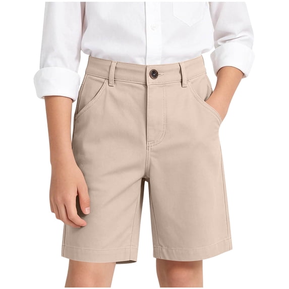 MGDXOX Girls Classic Solid Color Chino Shorts Button Zip Closure Straight Leg Casual Bottoms Simple Stylish Design for School Uniform Daily and Formal Occasions Beige 7 Years