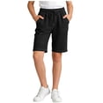 thumbnail image 1 of MGDXOX Girls Elastic Waist Lightweight Denim Bermuda Shorts Loose Casual Roll Cuff Hem Durable Bottoms for Summer Daily Streetwear and Kids Outdoor Play Black 11 Years, 1 of 7