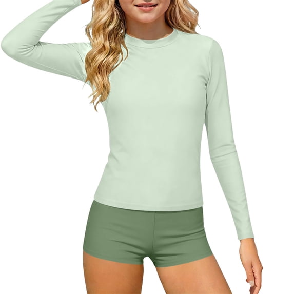 MGDXOX Girls Long Sleeve Rash Guard Athletic Boyshorts Swimsuits 2 Piece Bathing Suit UPF 50+ Swimwears Mint Green 9-10Years