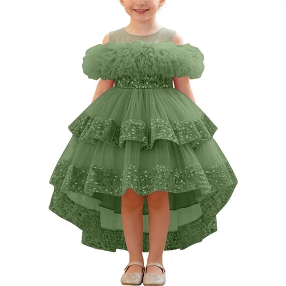 MGDXOX Girls Off Shoulder Tulle Dress with Ruffled Neckline and Sequin Trim High Low Formal Party Gown Green 1-2Years