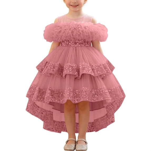 MGDXOX Girls Off Shoulder Tulle Dress with Ruffled Neckline and Sequin Trim High Low Formal Party Gown Pink 6-9Months