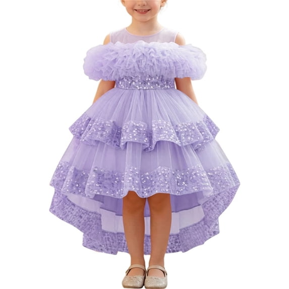 MGDXOX Girls Off Shoulder Tulle Dress with Ruffled Neckline and Sequin Trim High Low Formal Party Gown Purple 6-9Months