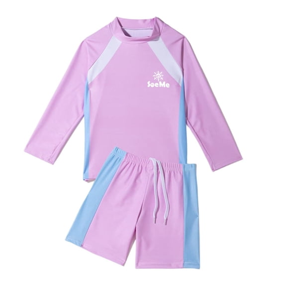 MGDXOX Girls Rash Guard Set UPF50+ Sun Protection Swim Shirt with Board Shorts Bathing Suit Kids Beach Swimwear Pink 7-8 Years