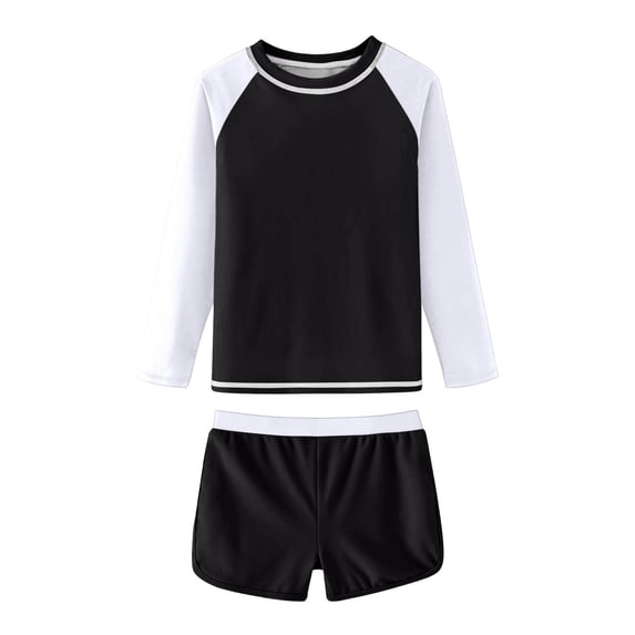 MGDXOX Girls Rash Guard Swimsuit Two Piece Long Sleeve Color Block Crewneck Tops with Shorts Summer Sun Protection Bathing Suit White 15 Years