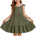 thumbnail image 1 of MGDXOX Girls Ruffle Sleeve Button Front Dress with Gathered Waist and Ruffle Hem Casual A Line Swing Dress for Kids Army Green 1-2 Years, 1 of 6