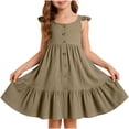 thumbnail image 1 of MGDXOX Girls Ruffle Sleeve Button Front Dress with Gathered Waist and Ruffle Hem Casual A Line Swing Dress for Kids Khaki 3-4 Years, 1 of 6