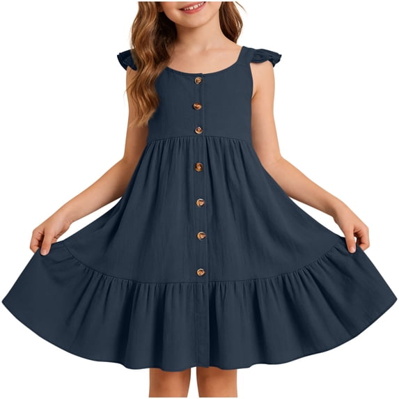 MGDXOX Girls Ruffle Sleeve Button Front Dress with Gathered Waist and Ruffle Hem Casual A Line Swing Dress for Kids Navy 7-8 Years