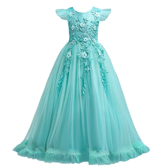 MGDXOX Girls Ruffle Sleeve Floral Lace Applique Tulle Dress Floor Length Formal Party Gown for Special Events Green 7-8Years