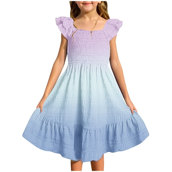MGDXOX Girls Ruffle Sleeve Ombre Gradient Smocked Dress Tiered Ruffle Hem Casual Flowy Summer Sundress Multicolor 13 Years