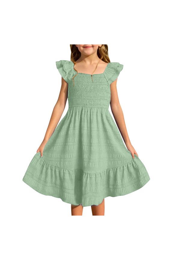 Girls Ruffle Sleeve Square Neck Smocked Dress with Tiered Ruffle Hem Casual Flowy A Line Swing Dress for Summer Mint Green 9 Years