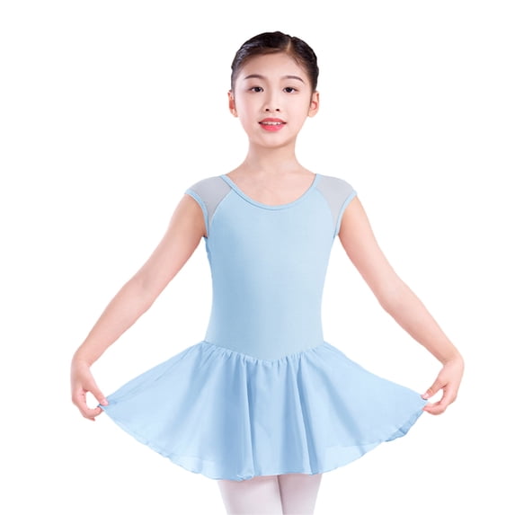 MGDXOX Girls Short Sleeve Ballet Leotard Dress with Attached Skirt and Ruffled Hem Dancewear for Practice and Performance Light Blue 110