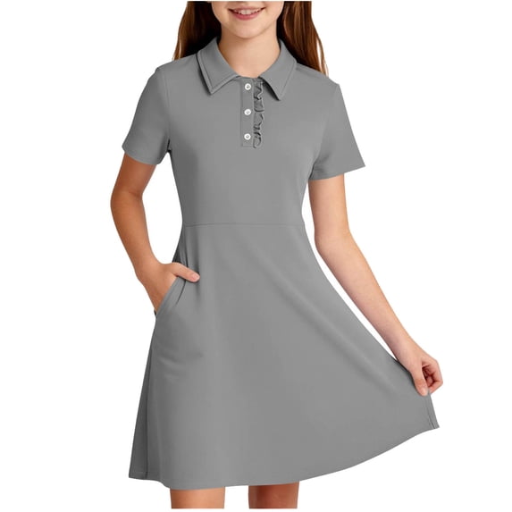 MGDXOX Girls Short Sleeve Collared Dress with Button Front Ruffle Trim and Side Pockets Casual A Line Dress for School and Daily Wear Gray 170