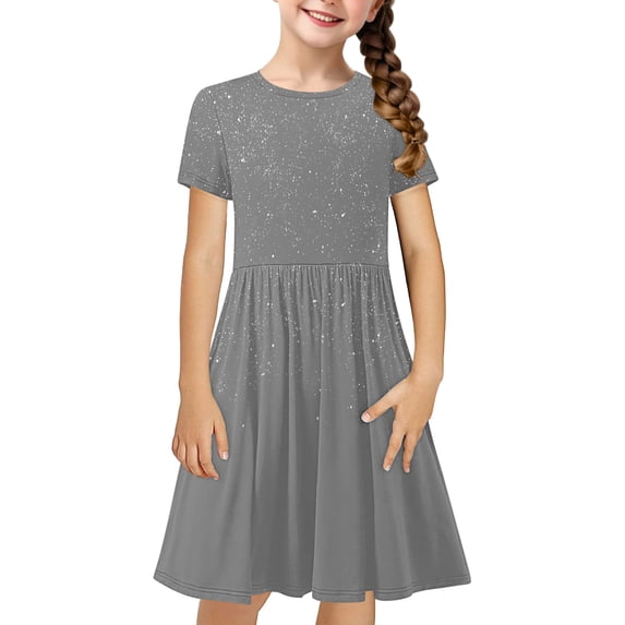 MGDXOX Girls Short Sleeve Glitter Print Dress with Gathered Waist Casual Flared Swing Dress for Parties Gray 7 Years