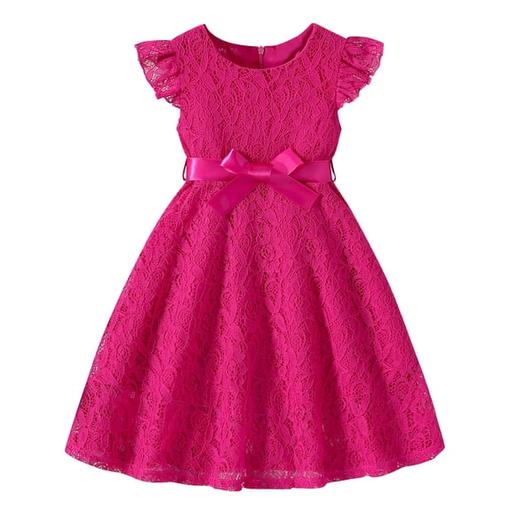 MGDXOX Girls Short Sleeve Lace Dress with Bow Waist and Ruffle Cuffs Formal Party Dress for Special Occasions Hot Pink 9 Years