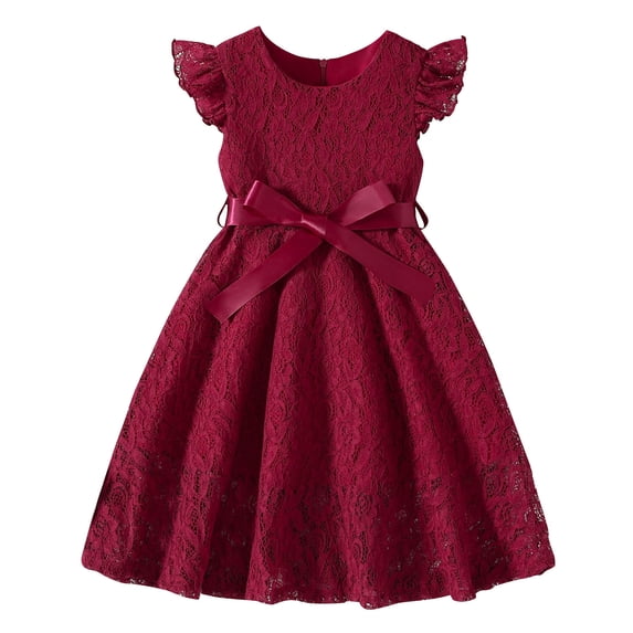 MGDXOX Girls Short Sleeve Lace Dress with Bow Waist and Ruffle Cuffs Formal Party Dress for Special Occasions Wine 9 Years