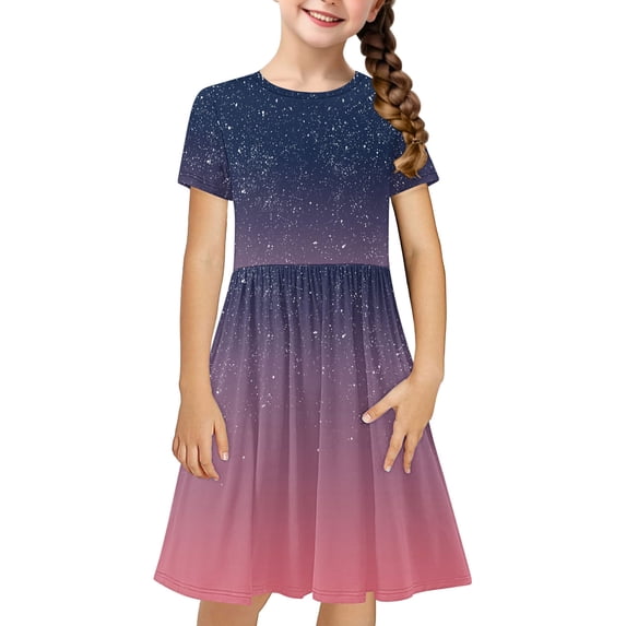 MGDXOX Girls Short Sleeve Ombre Star Print Dress with Gathered Waist Casual Flared Swing Dress for Kids Purple 7 Years