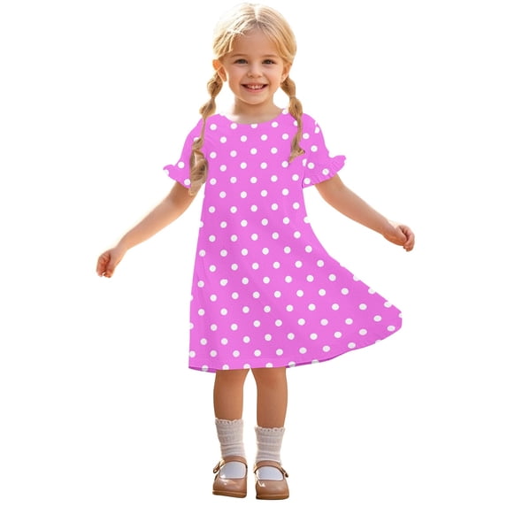 MGDXOX Girls Short Sleeve Round Neck Dress with Polka Dot Print and Ruffle Cuffs Casual Loose Swing Dress for Kids Hot Pink 11 Years