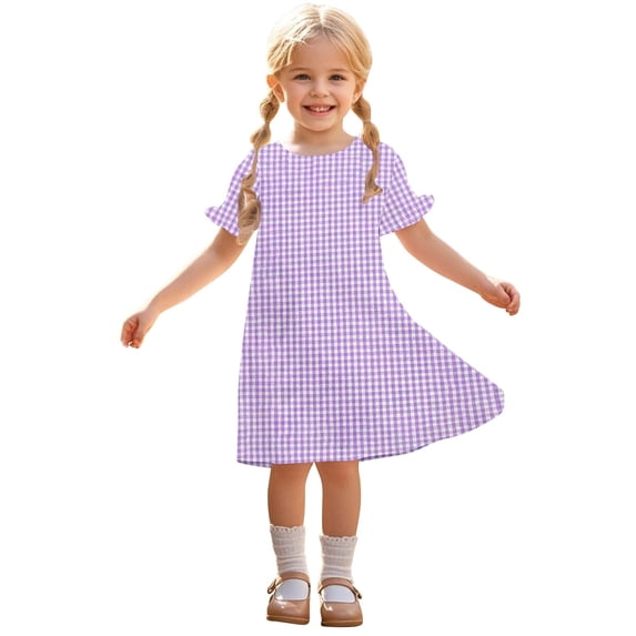 MGDXOX Girls Short Sleeve Round Neck Dress with Polka Dot Print and Ruffle Cuffs Casual Loose Swing Dress for Kids Purple 7 Years
