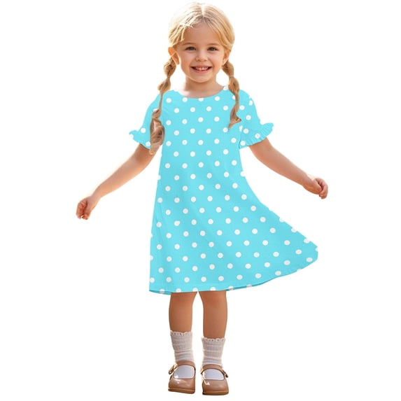 MGDXOX Girls Short Sleeve Round Neck Dress with Polka Dot Print and Ruffle Cuffs Casual Loose Swing Dress for Kids Sky Blue 9 Years