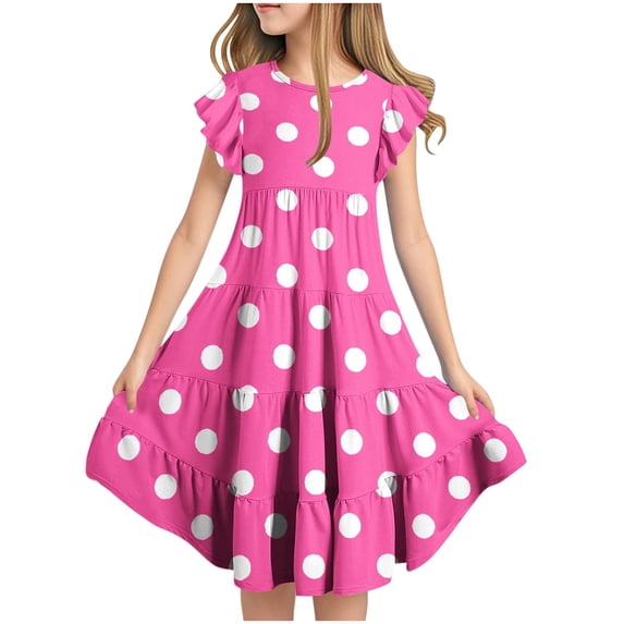 MGDXOX Girls Short Sleeve Round Neck Dress with Polka Dot Print and Tiered Skirt Casual Flared Swing Dress Hot Pink 14 Years
