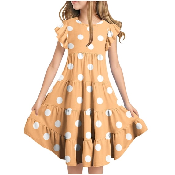 MGDXOX Girls Short Sleeve Round Neck Dress with Polka Dot Print and Tiered Skirt Casual Flared Swing Dress Orange 6 Years