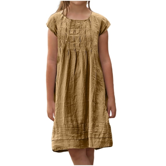 MGDXOX Girls Short Sleeve Round Neck Dress with Textured Embroidery and Gathered Front Casual Loose Shift Dress for Comfortable Play Khaki 6 Years