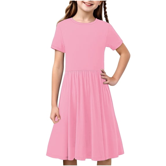 MGDXOX Girls Short Sleeve Solid Color Dress with Gathered Waist and Round Neck Casual Flared Swing Dress for Play Pink 9 Years