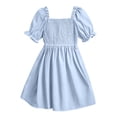 thumbnail image 1 of MGDXOX Girls Short Sleeve Square Neck Dress with Puffed Sleeves and Smocked Bodice Casual Flared Swing Dress Light Blue 8 Years, 1 of 6