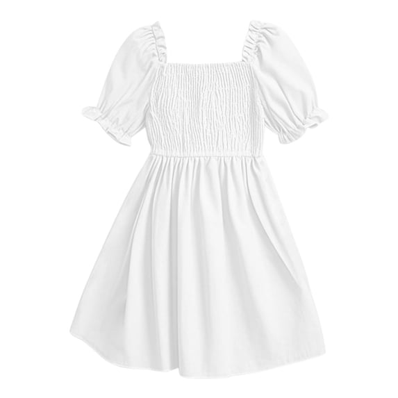 MGDXOX Girls Short Sleeve Square Neck Dress with Puffed Sleeves and Smocked Bodice Casual Flared Swing Dress White 12 Years