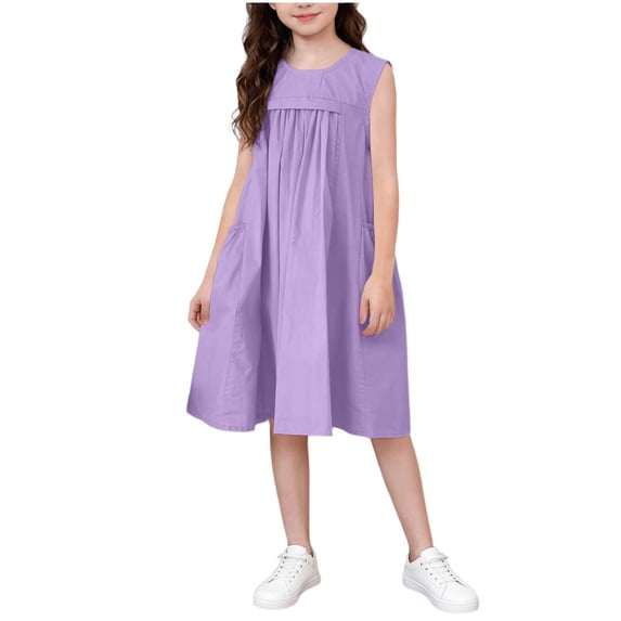 MGDXOX Girls Sleeveless Cotton Dress with Pleated Bodice and Side Pockets Casual Loose Swing Dress for Everyday Wear Purple 9-10 Years