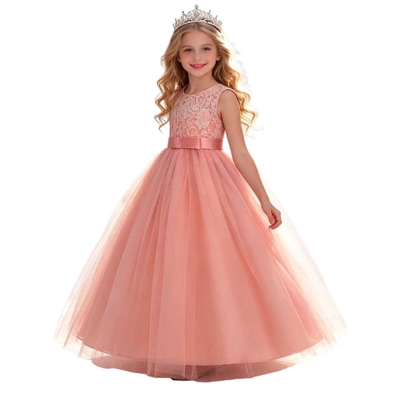 MGDXOX Girls Sleeveless Lace Tulle Maxi Dress with Satin Waistband Floor Length Formal Occasion Dress for Bridesmaid Pink 14-15Years