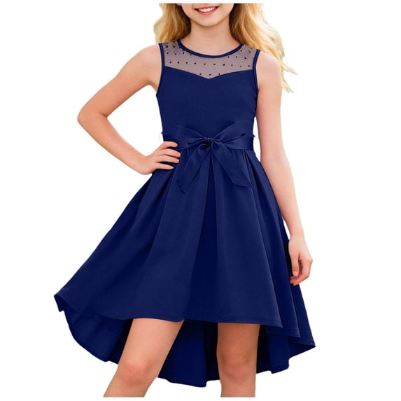 MGDXOX Girls Sleeveless Mesh Yoke High Low Dress with Bow Waist Elegant Formal Dress for Bridesmaid and Party Navy 5-6 Years