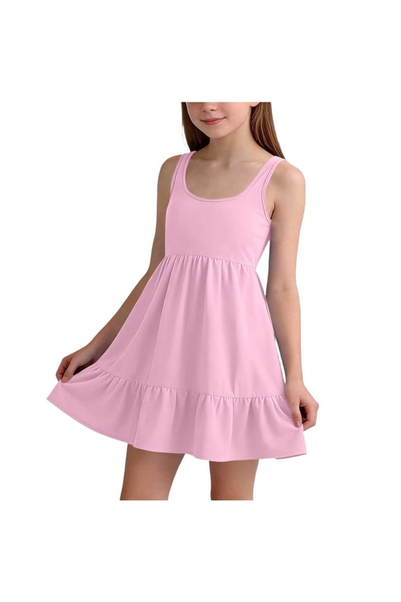 Girls Sleeveless Round Neck Dress with Gathered Waist and Ruffle Hem Casual Flowy Swing Dress for Kids and Summer Activities Pink 11-12 Years