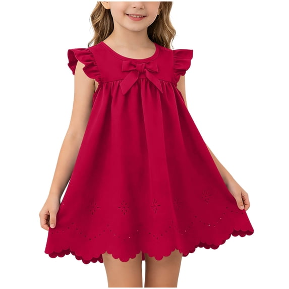 MGDXOX Girls Sleeveless Ruffle Trim Dress with Bow Detail and Eyelet Hem Casual A Line Swing Dress for Kids Wine 2-3 Years
