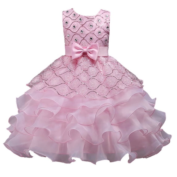 MGDXOX Girls Sleeveless Tulle Dress with Rhinestone Bodice Bow Waist and Tiered Skirt Formal Party Dress for Weddings Pink 3-4Years