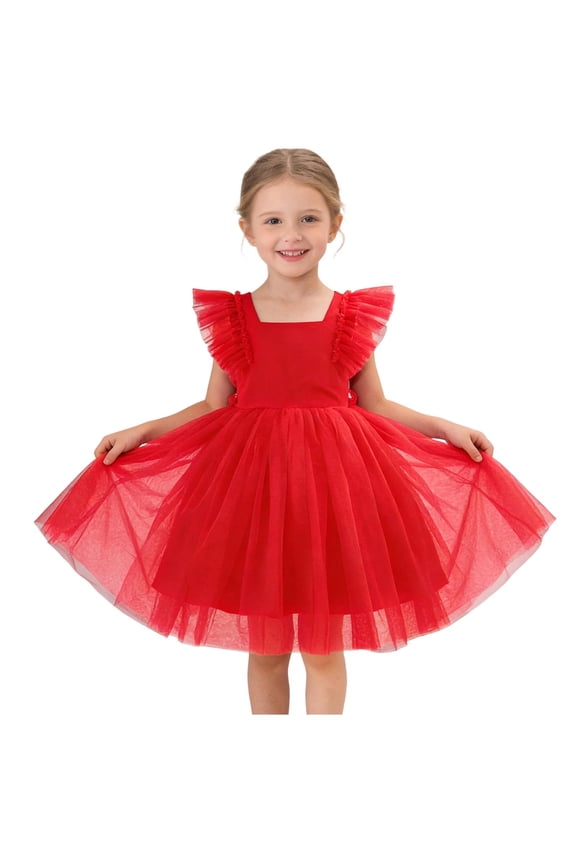 Girls Sleeveless Tulle Dress with Square Neck Ruffle Trim and Polka Dot Pattern Casual Sparkly Party Dress for Kids Red 2-3 Years