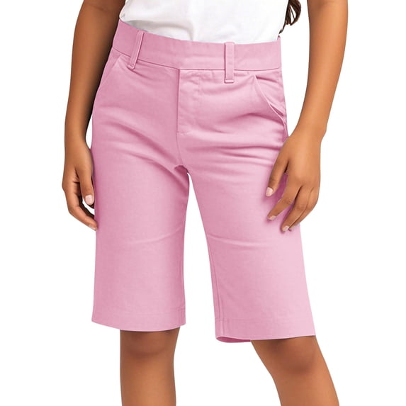 MGDXOX Girls Solid Color Classic Knee Length Chino Shorts Button Closure Straight Leg Casual Bottoms Stylish Simple Design for School Daily and Formal Wear Pink 11 Years
