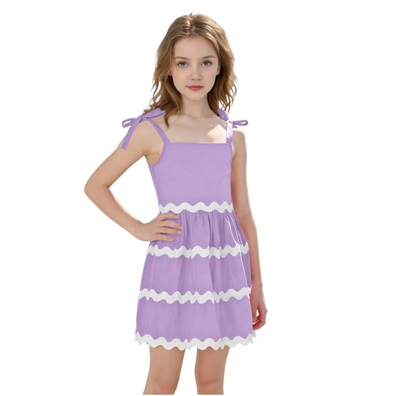 MGDXOX Girls Spaghetti Strap Tiered Dress with Ric Rac Trim Square Neck Casual Flowy Summer Sundress Purple 10-11Years