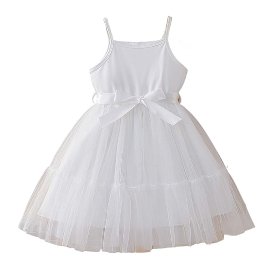 MGDXOX Girls Spaghetti Strap Tulle Dress with Bow Waist and Tiered Skirt Casual Flowy Swing Dress for Parties White 3 Years