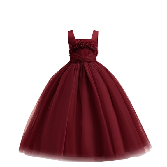 MGDXOX Girls Spaghetti Strap Tulle Dress with Floral Applique on the Bust and Bow Waist Formal Floor Length Party Dress for Kids Red 6 Years