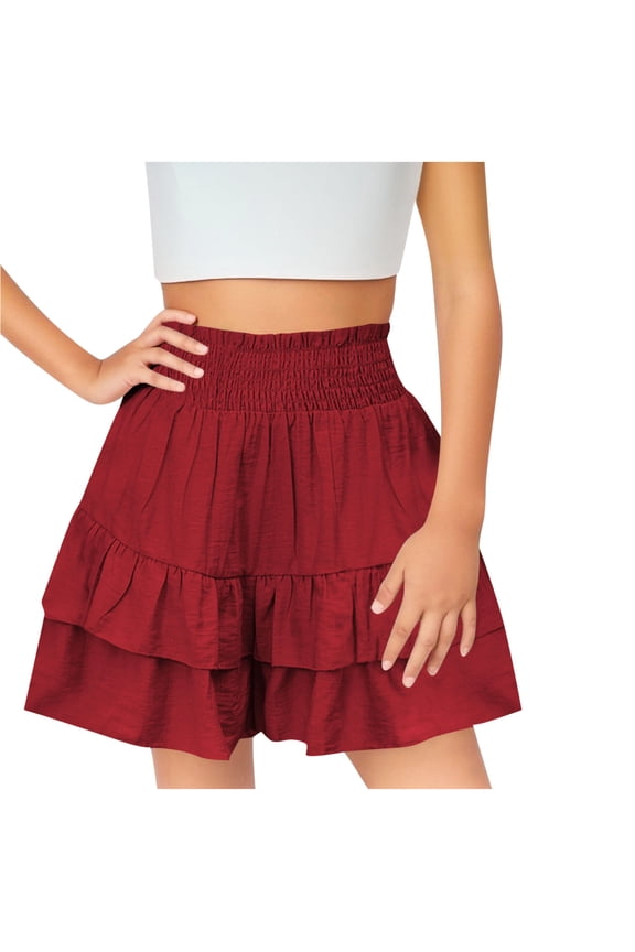 Girls Tiered Ruffle Skirt Shorts Smocked Elastic Waist Flowy Casual Skort for Summer Parties and Daily Wear Red 12 Years