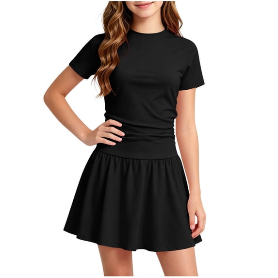 MGDXOX Girls Two Piece Outfit Short Sleeve Top and Skirt Set with Ruched Waist Casual Sporty Style Dress for Play and Outdoor Activities Black 130