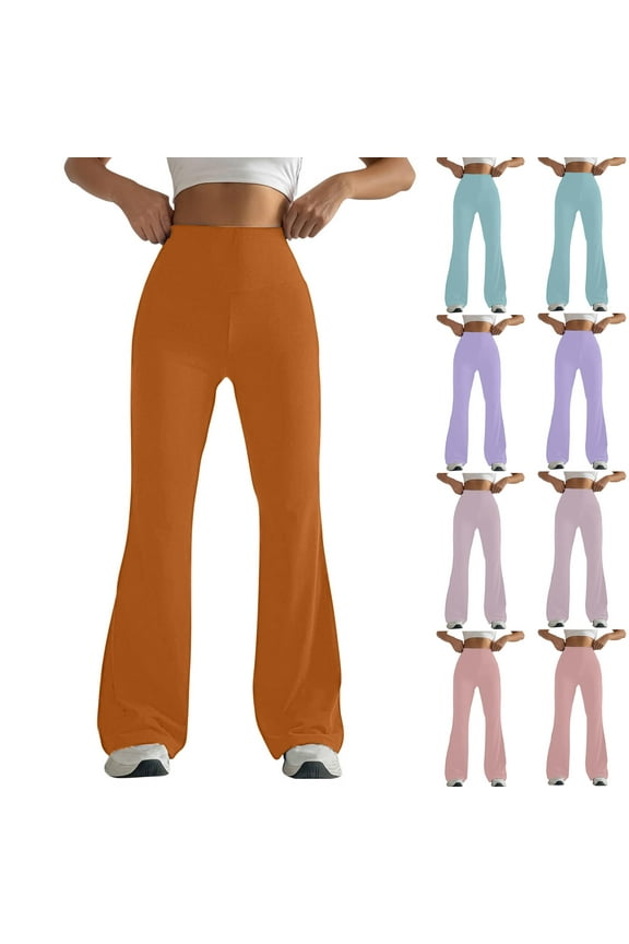 High Waist Women Flared Leggings Tummy Control Casual Tight Fitting Hip Shaping Yoga Pants Wide Leg Stretchy Workout Gym Pants Orange M